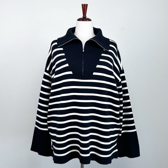 Elie Tahari Navy Stripe Zip Mock Neck Pullover Sweater - Picture 1 of 8